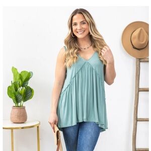 KORI Dusty Teal Raw Edge Ruffle Detail Knit Top, Large